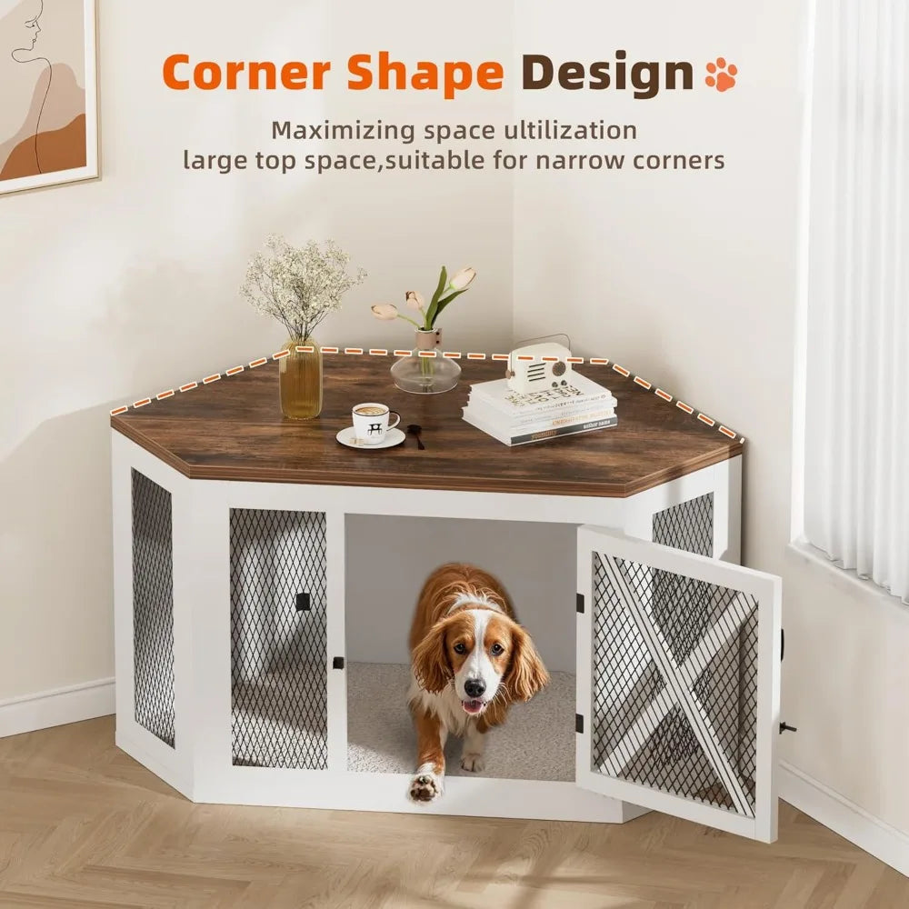 Corner Wood Dog Crate End Table With Mesh Kennel For Pets