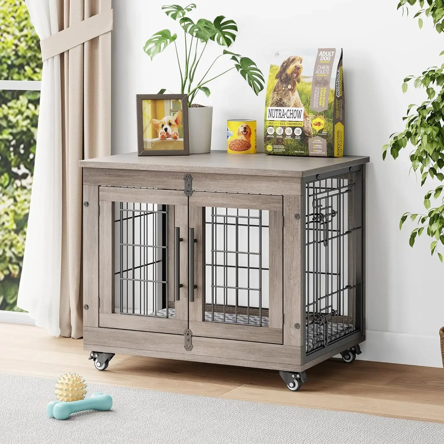 Wooden Dog Crate End Table With Cushion And Wheels Durable