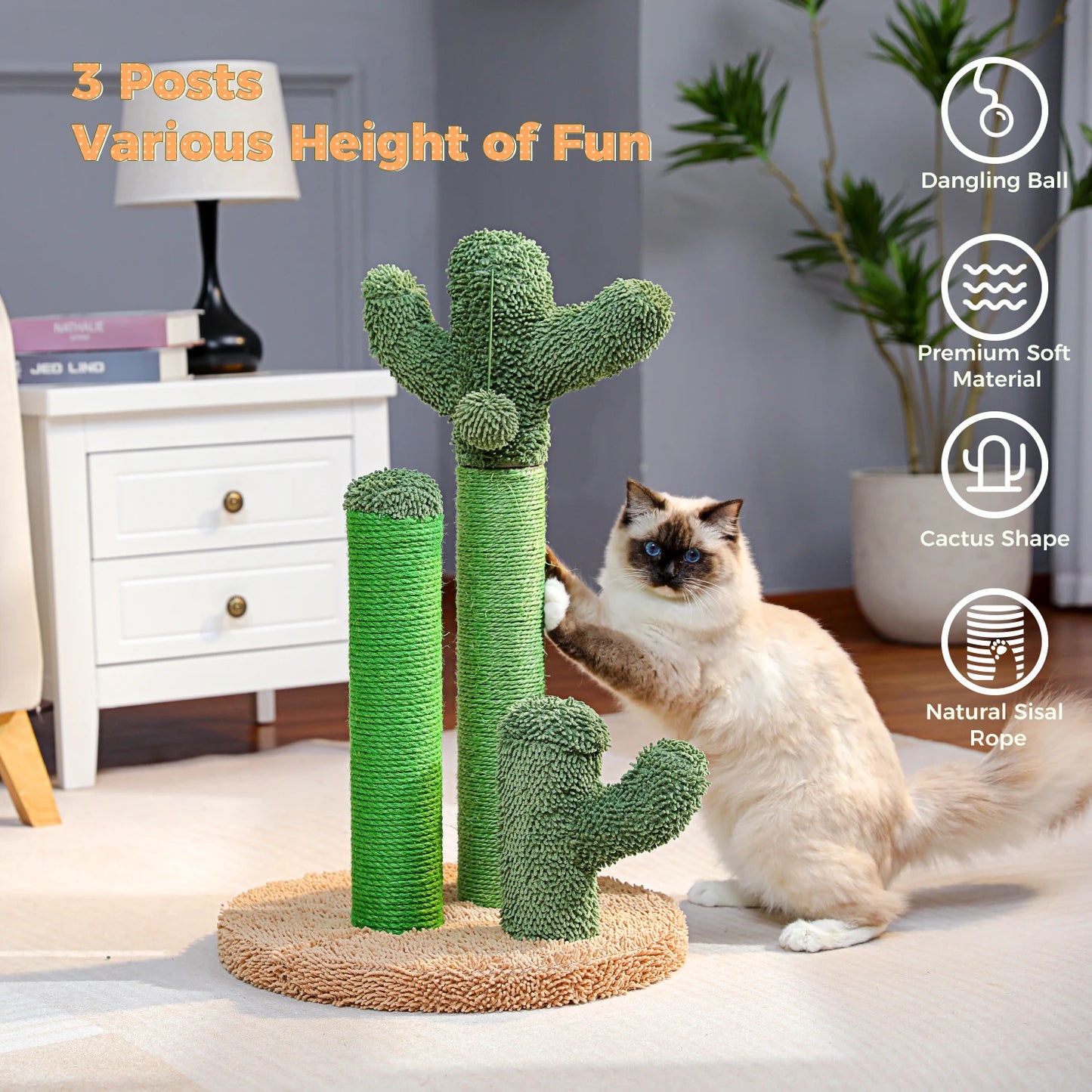 Cactus Cat Scratching Post With Natural Sisal Rope And Ball
