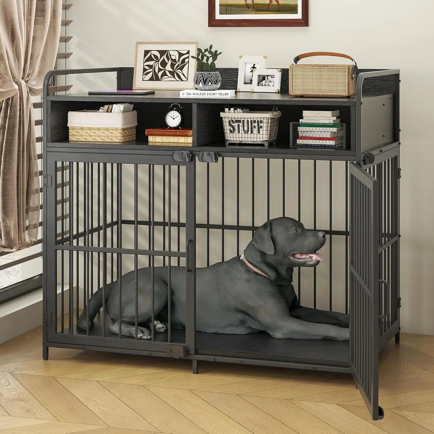 Large Wooden Dog Crate Table With Drawers And Storage