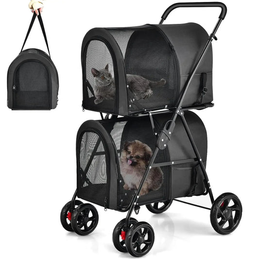Double Pet Stroller With Two Detachable Carrier Bags