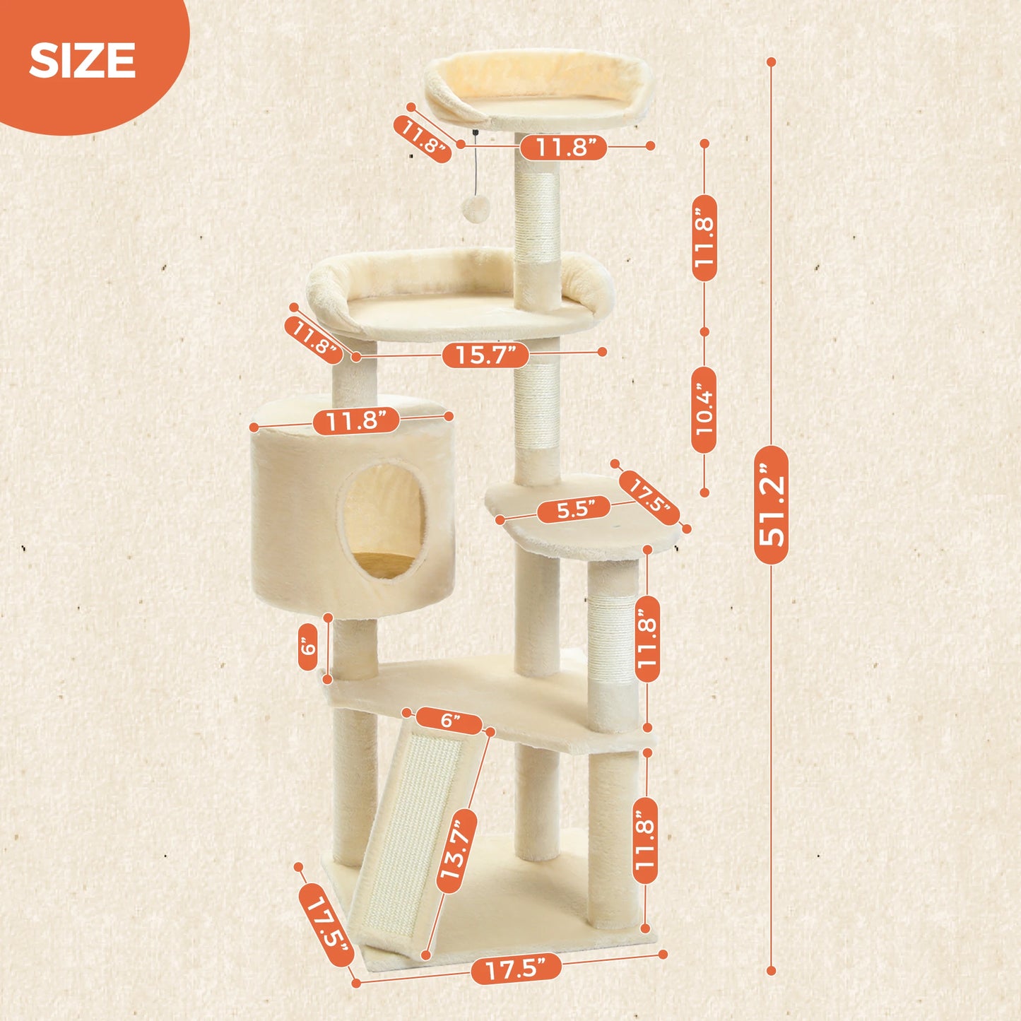 51 Inch Multi Level Cat Tree With Scratching Ramp For Cats