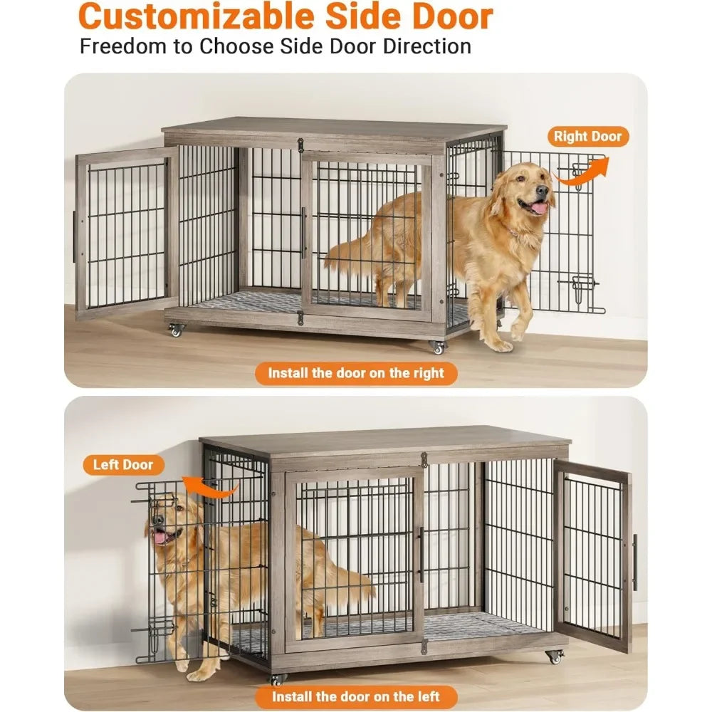 Wooden Dog Crate End Table With Cushion And Wheels Durable