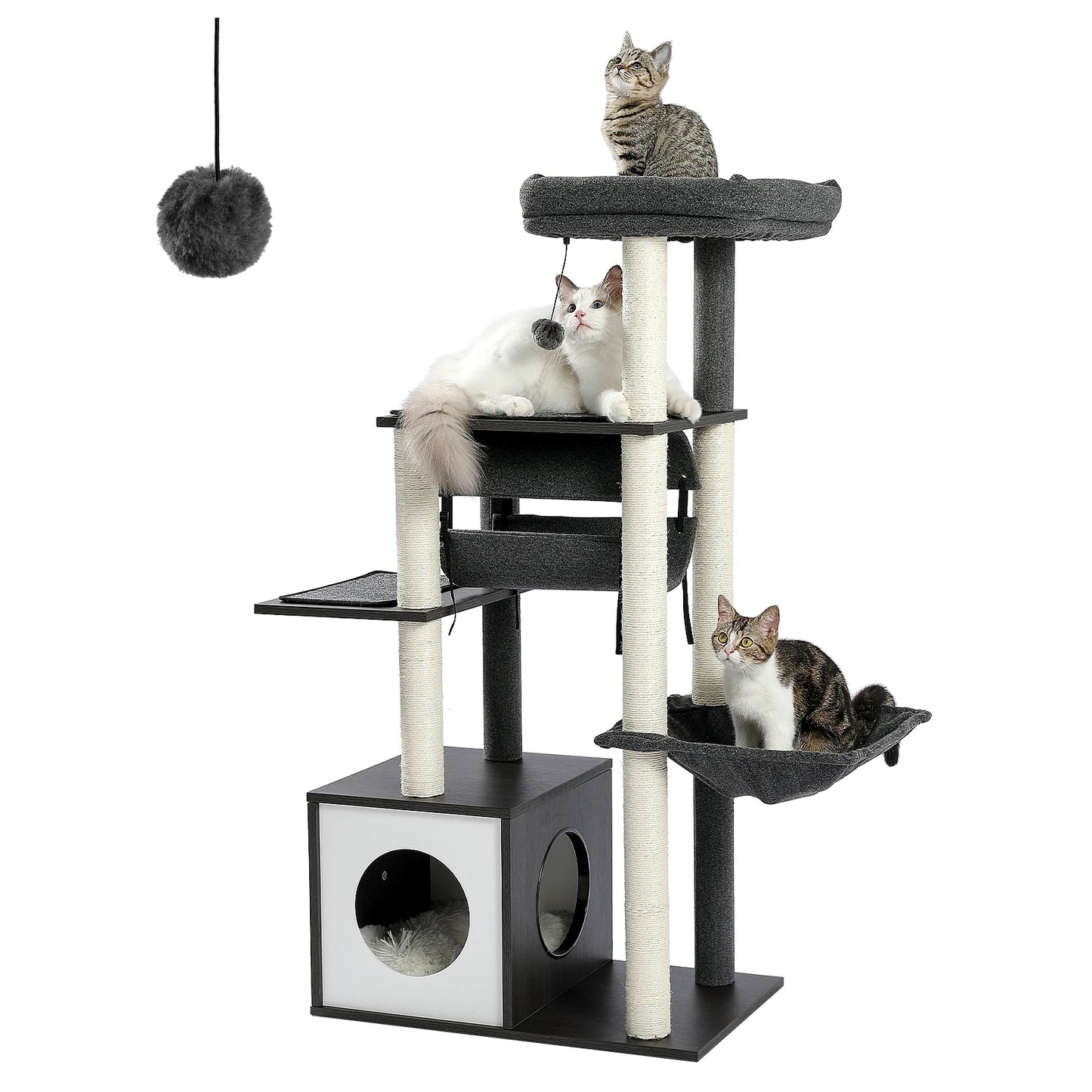 Modern Wooden Cat Tree With Tunnel And Scratching Post
