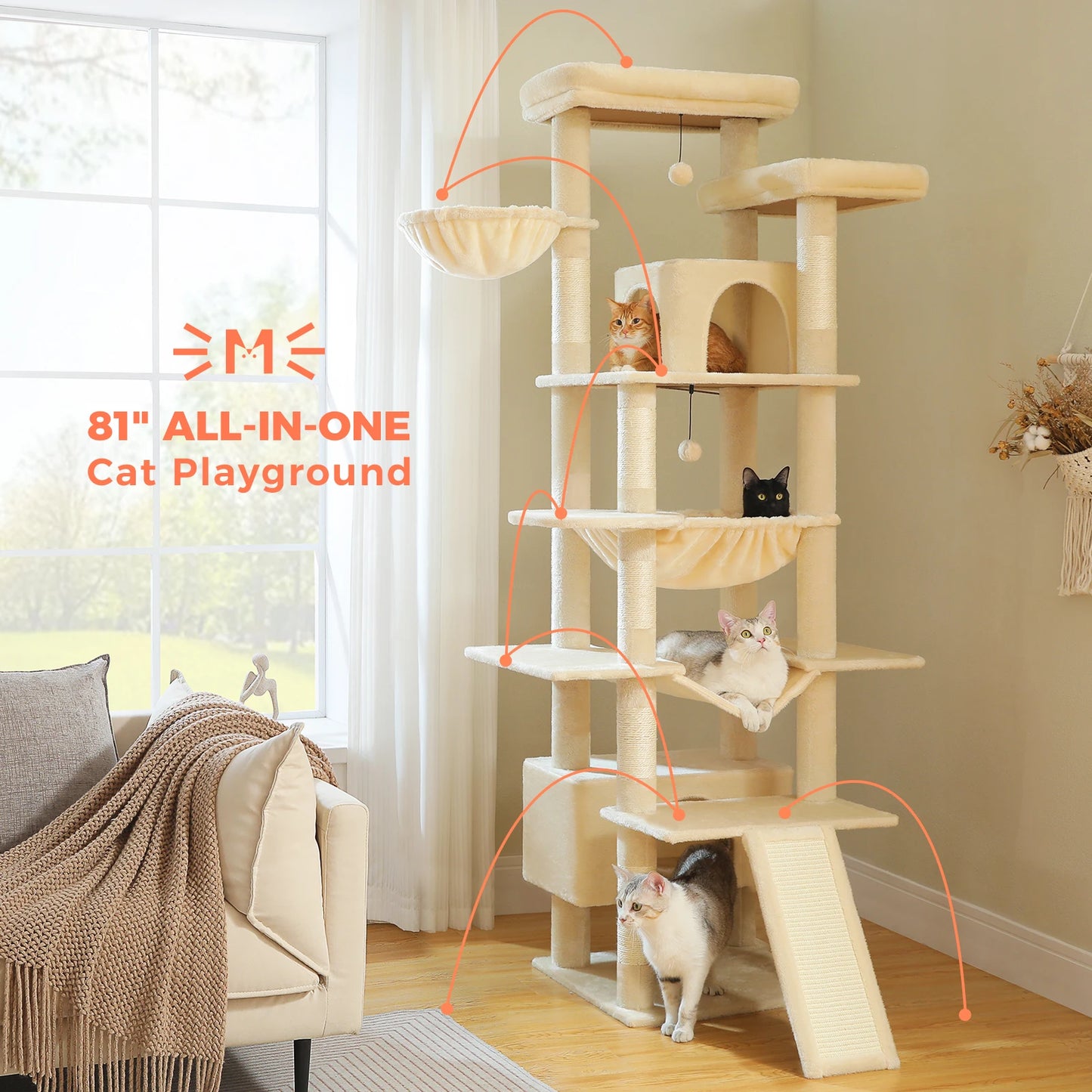 Multi Level Cat Tree Tower With Sisal Posts And Hammock