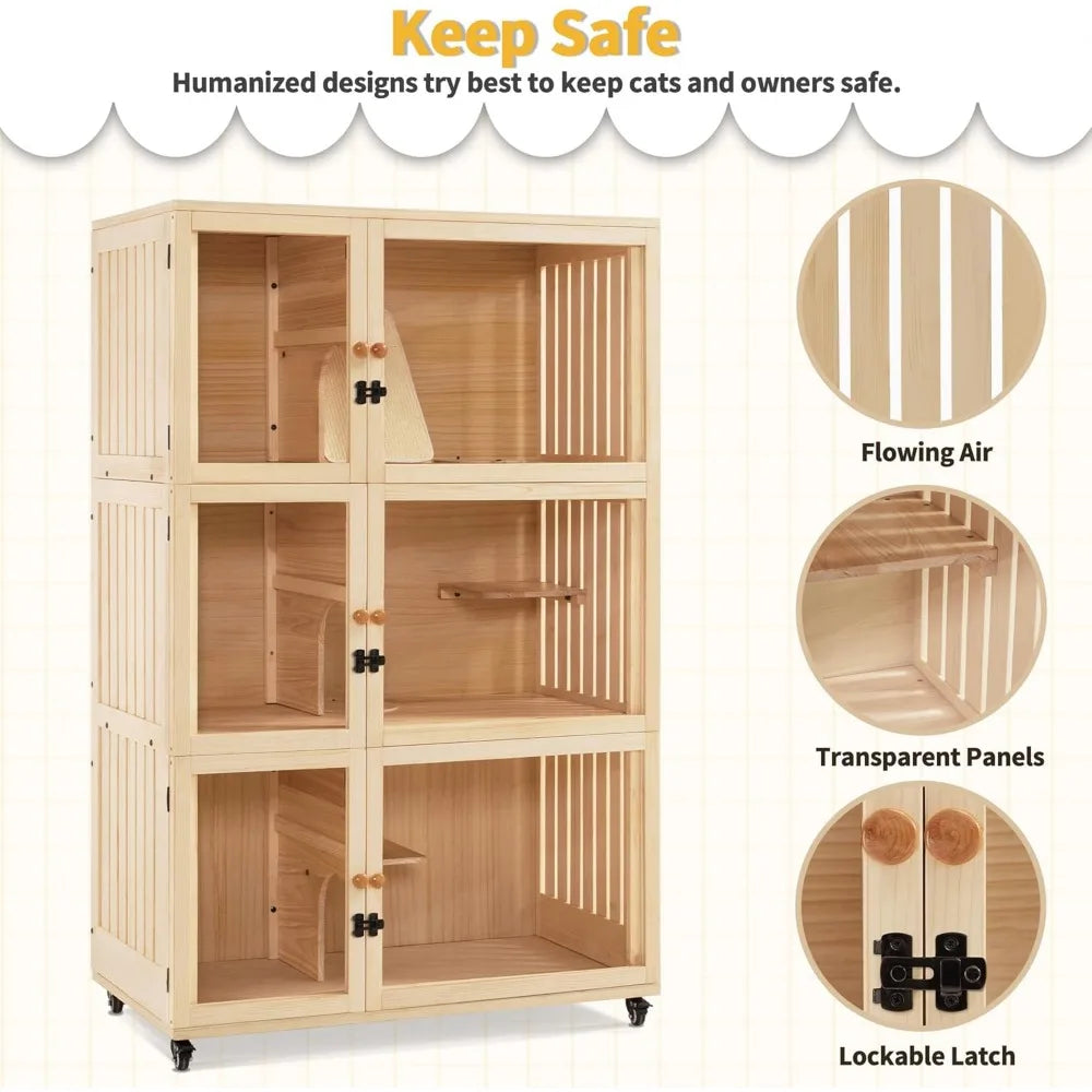 Wooden Cat House Villa Luxury Triple Cat Condo With Pad