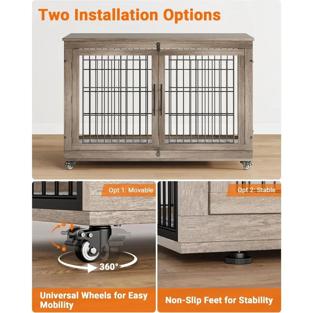 Wooden Dog Crate End Table With Cushion And Wheels Durable