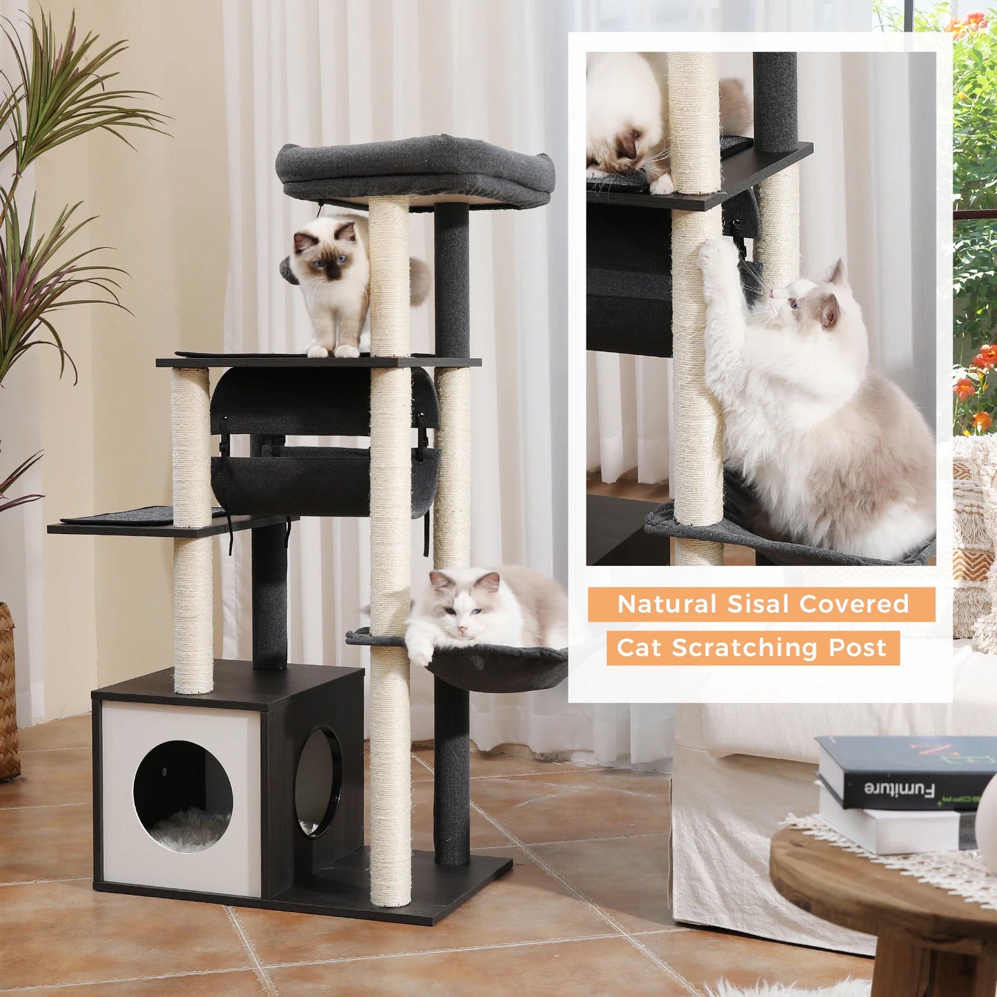 Modern Wooden Cat Tree With Tunnel And Scratching Post