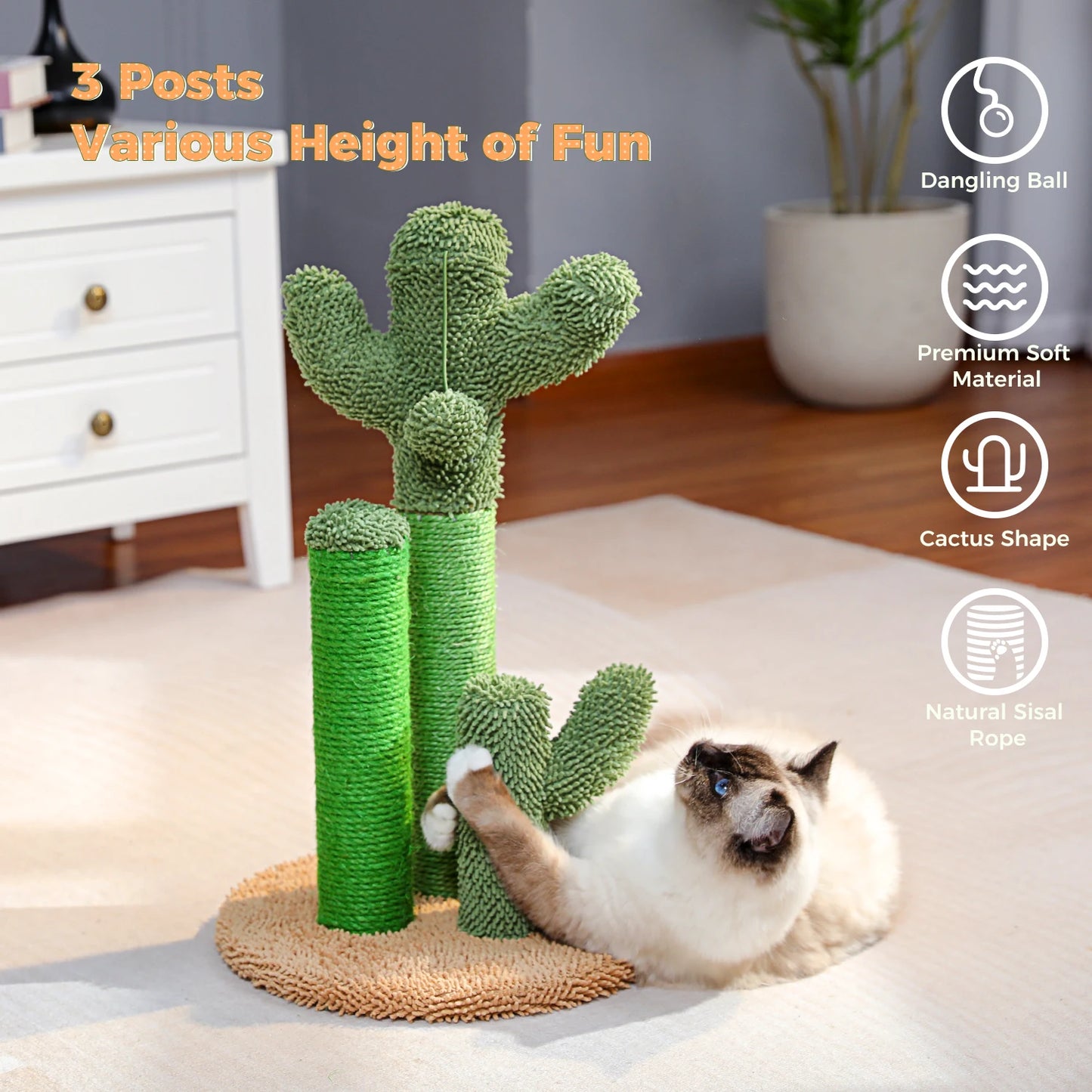 Cactus Cat Scratching Post With Natural Sisal Rope And Ball
