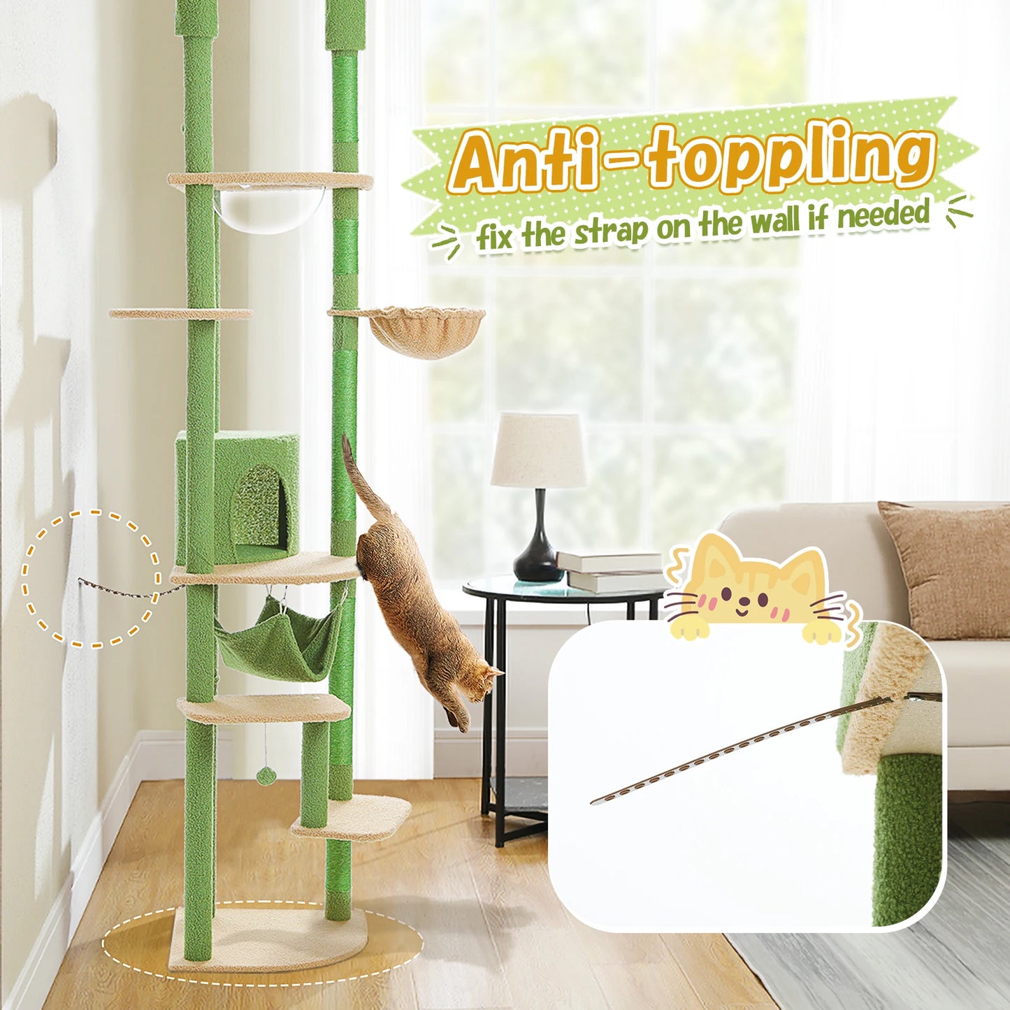 Tall Floor Ceiling Cat Tree with Scratching Posts Hammock