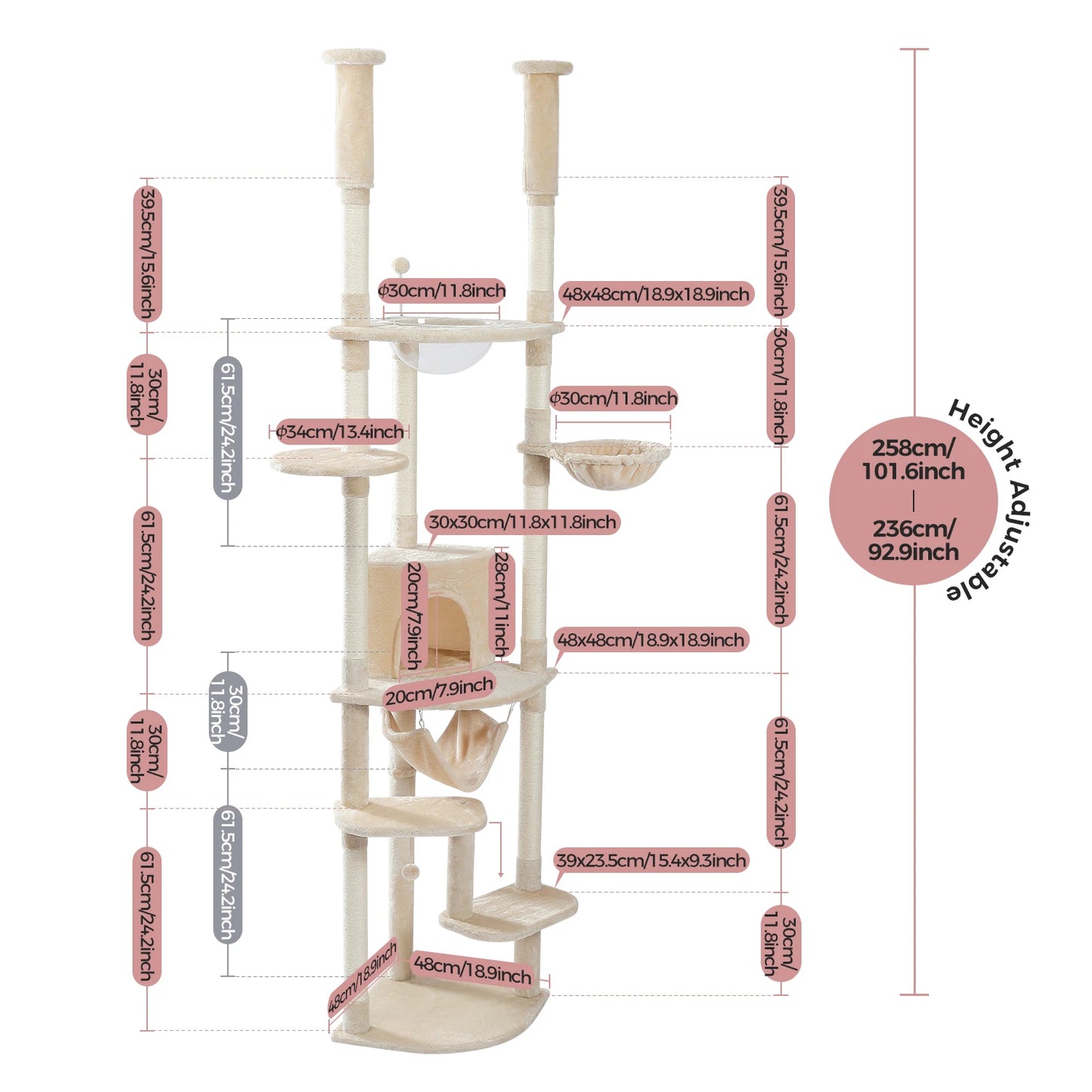 Multi Level Tall Cat Tree Floor to Ceiling With Hammock