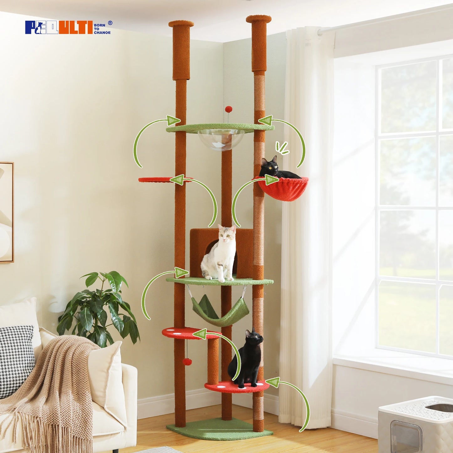 Tall Floor Ceiling Cat Tree with Scratching Posts Hammock