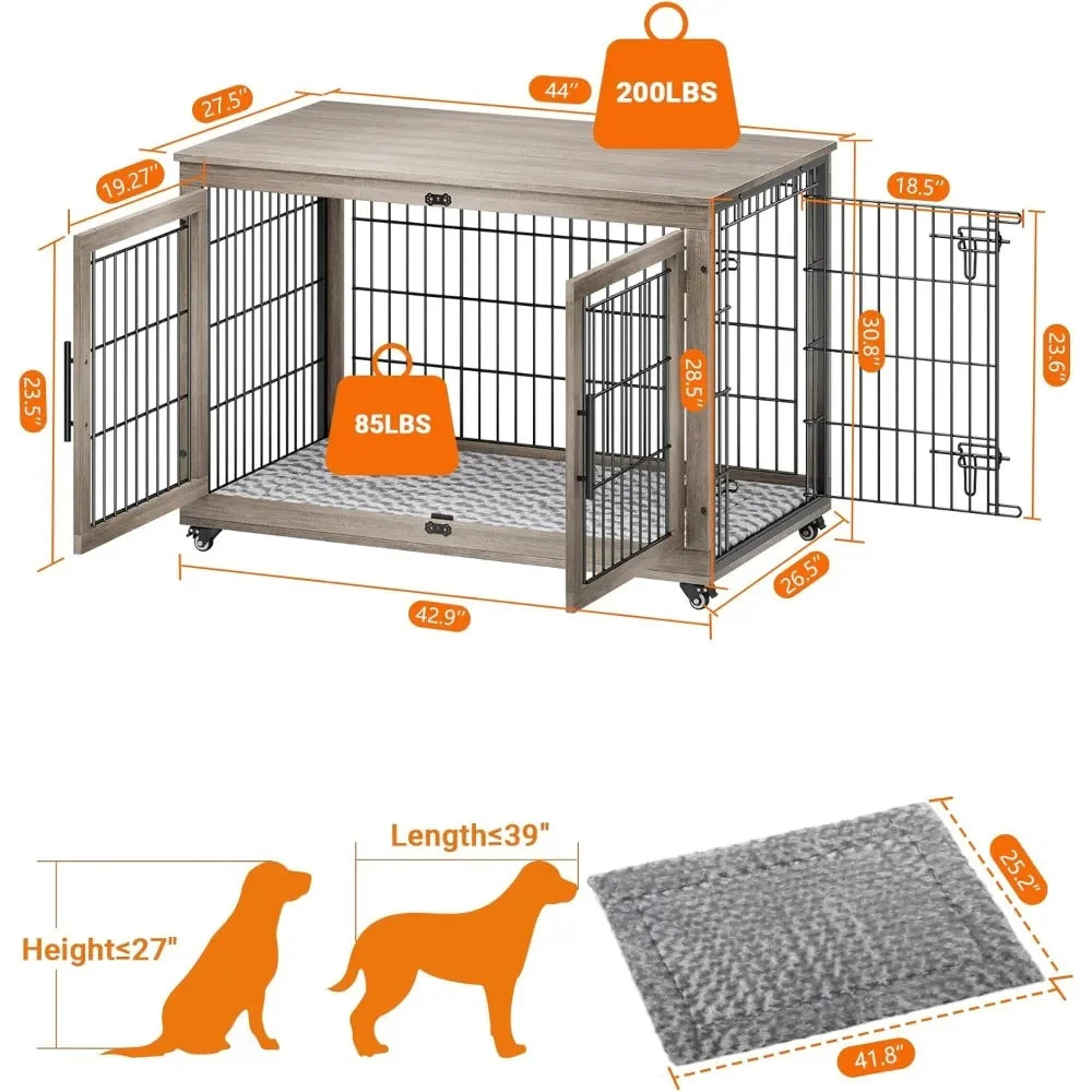 Wooden Dog Crate End Table With Cushion And Wheels Durable