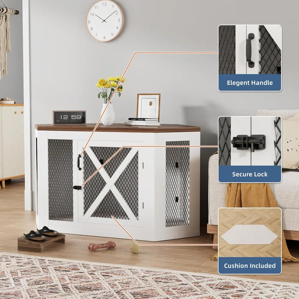 Corner Wood Dog Crate End Table With Mesh Kennel For Pets