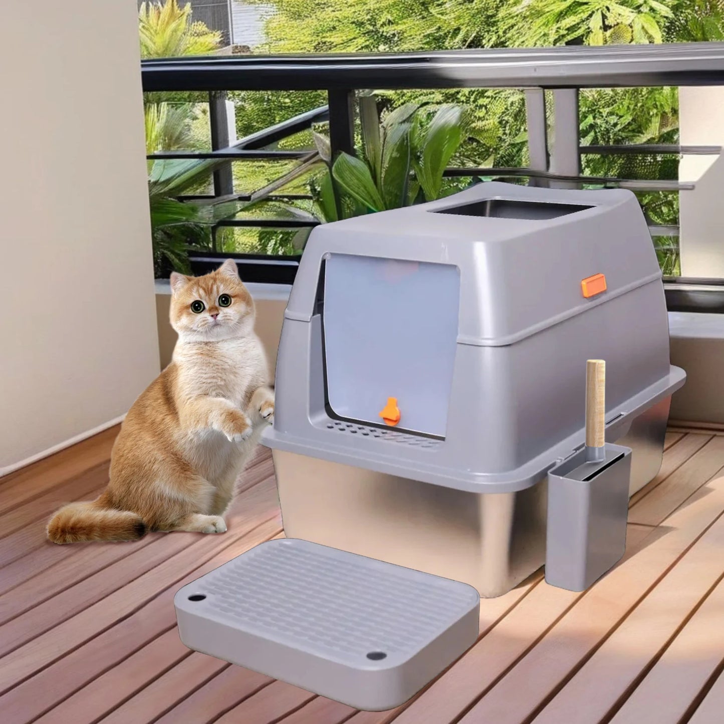 Enclosed Stainless Steel Cat Litter Box With Lid For XL Cats
