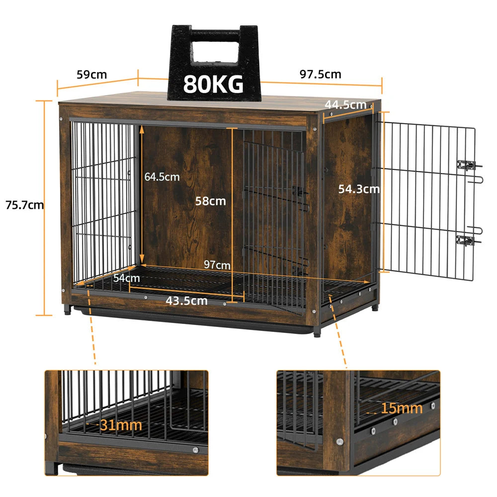 Large Elevated Wooden Dog Crate End Table With Double Doors