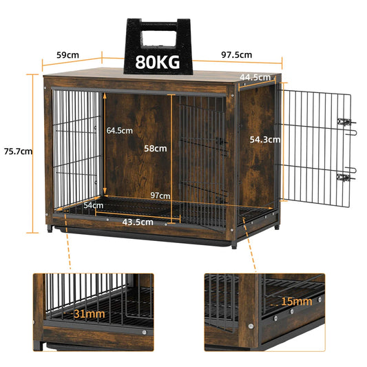 Large Elevated Wooden Dog Crate End Table With Double Doors