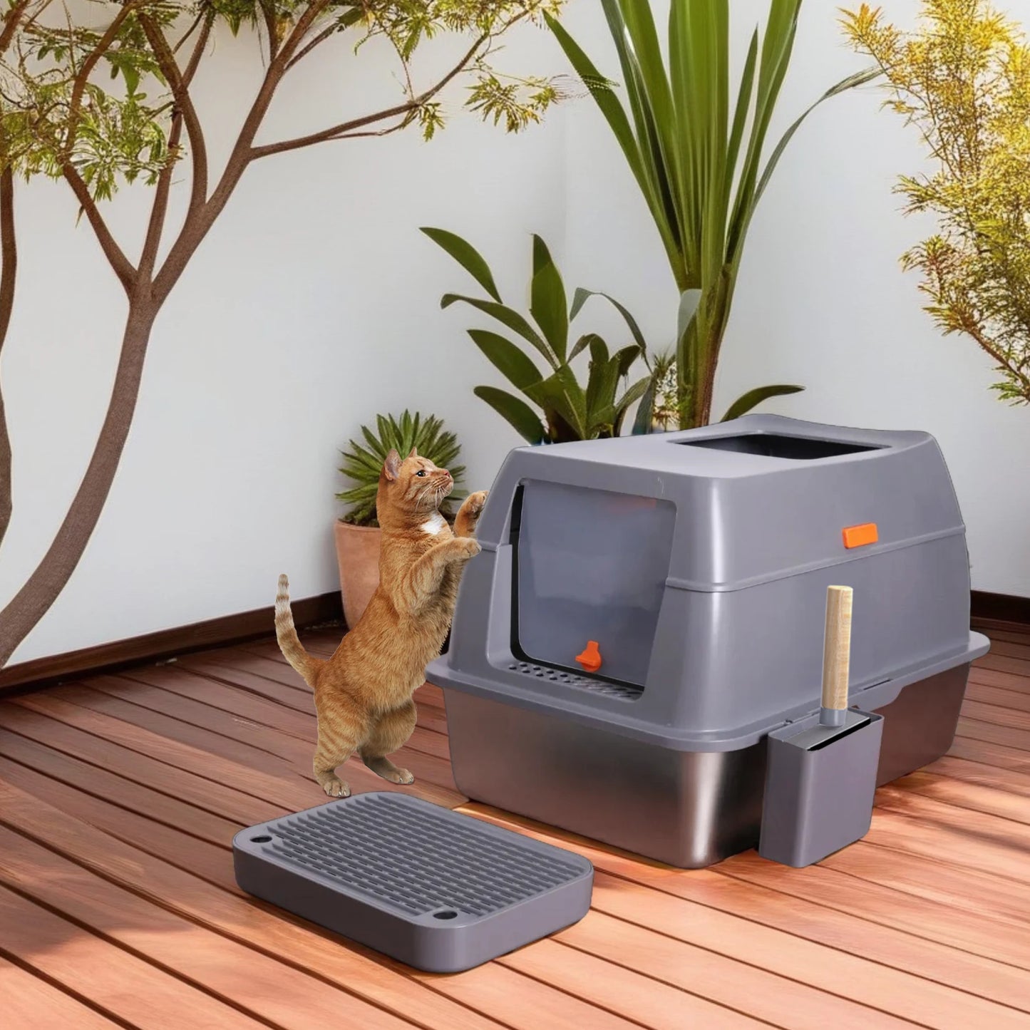 Enclosed Stainless Steel Cat Litter Box With Lid For XL Cats