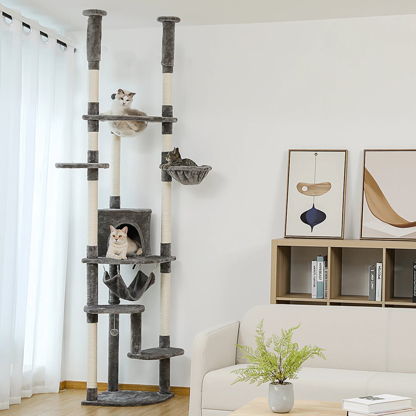 Tall Floor Ceiling Cat Tree with Scratching Posts Hammock
