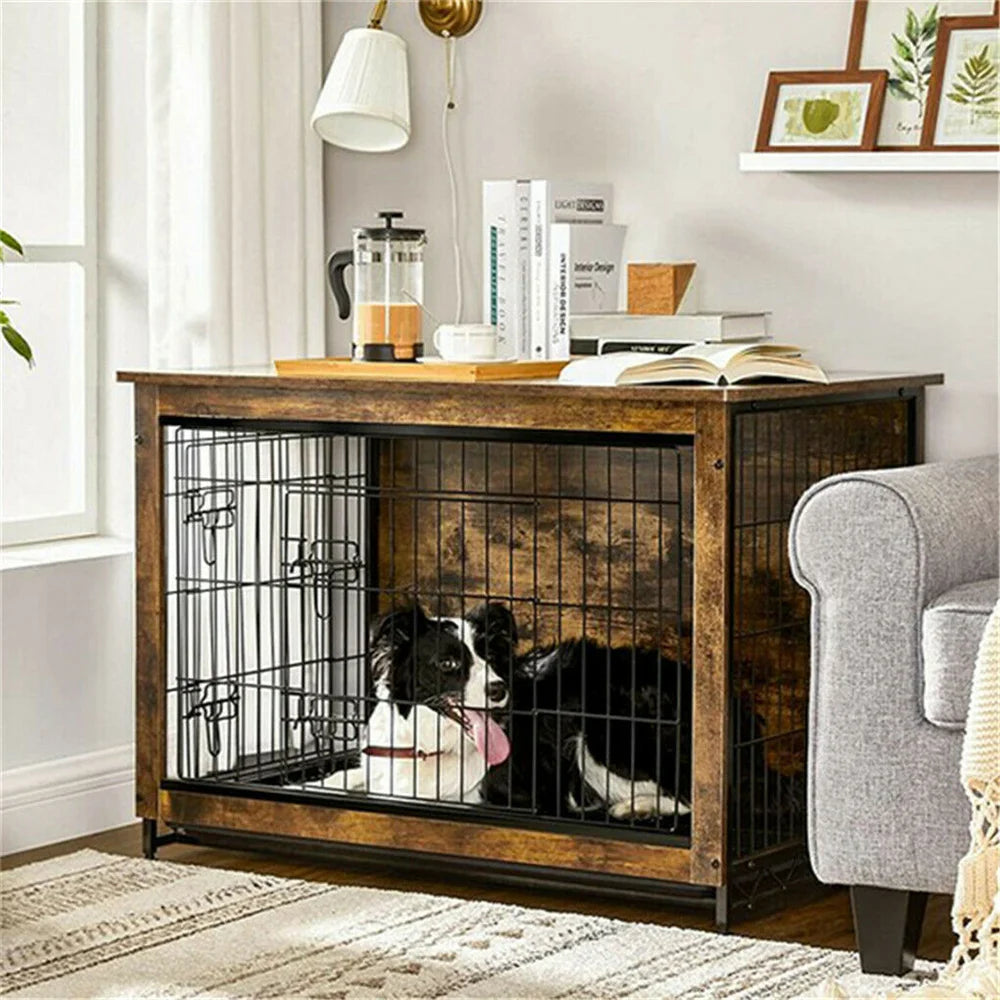 Large Elevated Wooden Dog Crate End Table With Double Doors