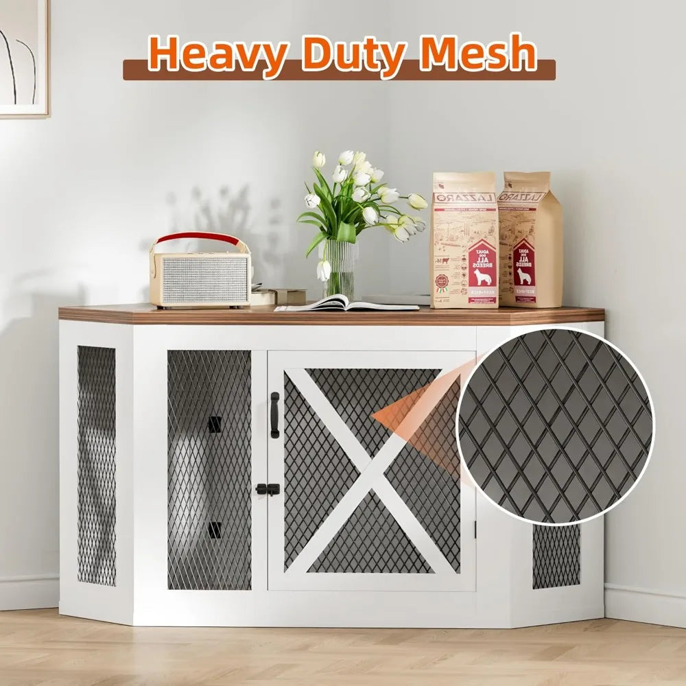 Corner Wood Dog Crate End Table With Mesh Kennel For Pets
