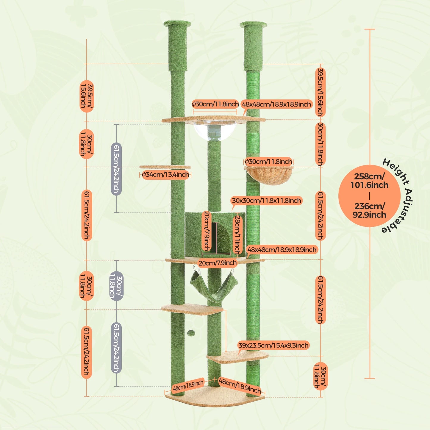 Multi Level Tall Cat Tree Floor to Ceiling With Hammock