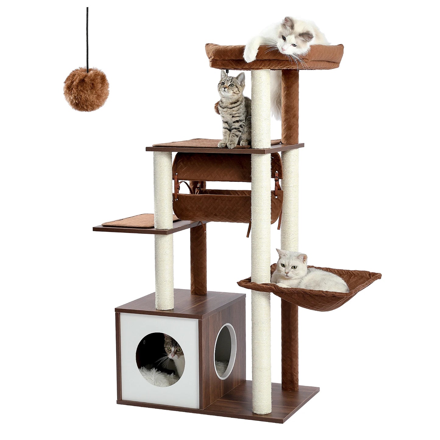 Modern Wooden Cat Tree With Tunnel And Scratching Post