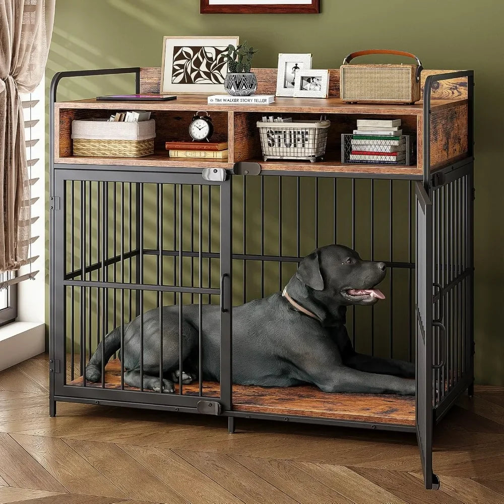 Large Wooden Dog Crate Table With Drawers And Storage